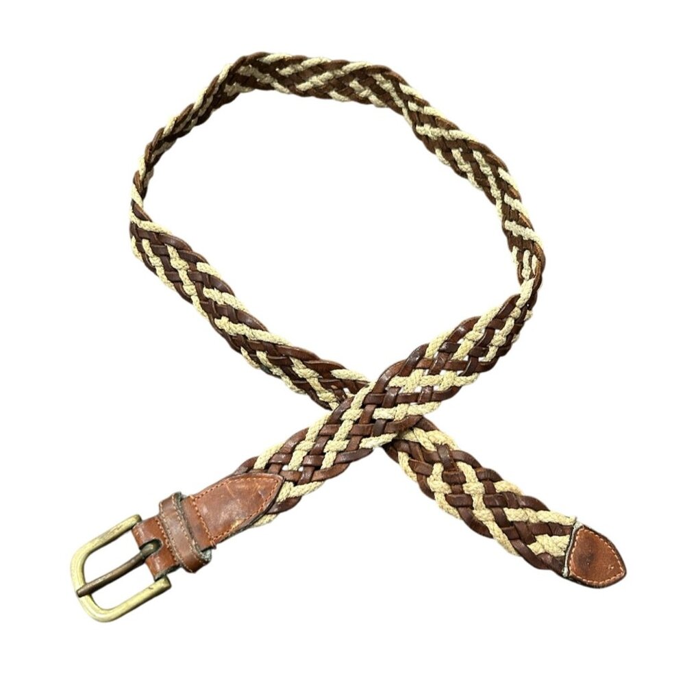 Vintage Braided Leather Rope Belt Brown Sz 36 Brass Single Prong Buckle